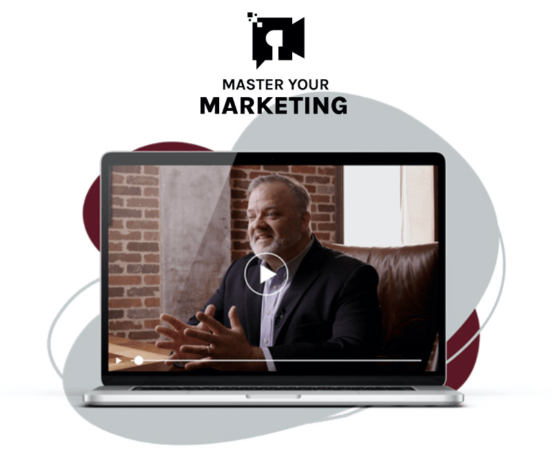 A graphic with "Master Your Marketing" heading and Dr. James Barnes still image within a MacBook Pro frame with play button overlayed
